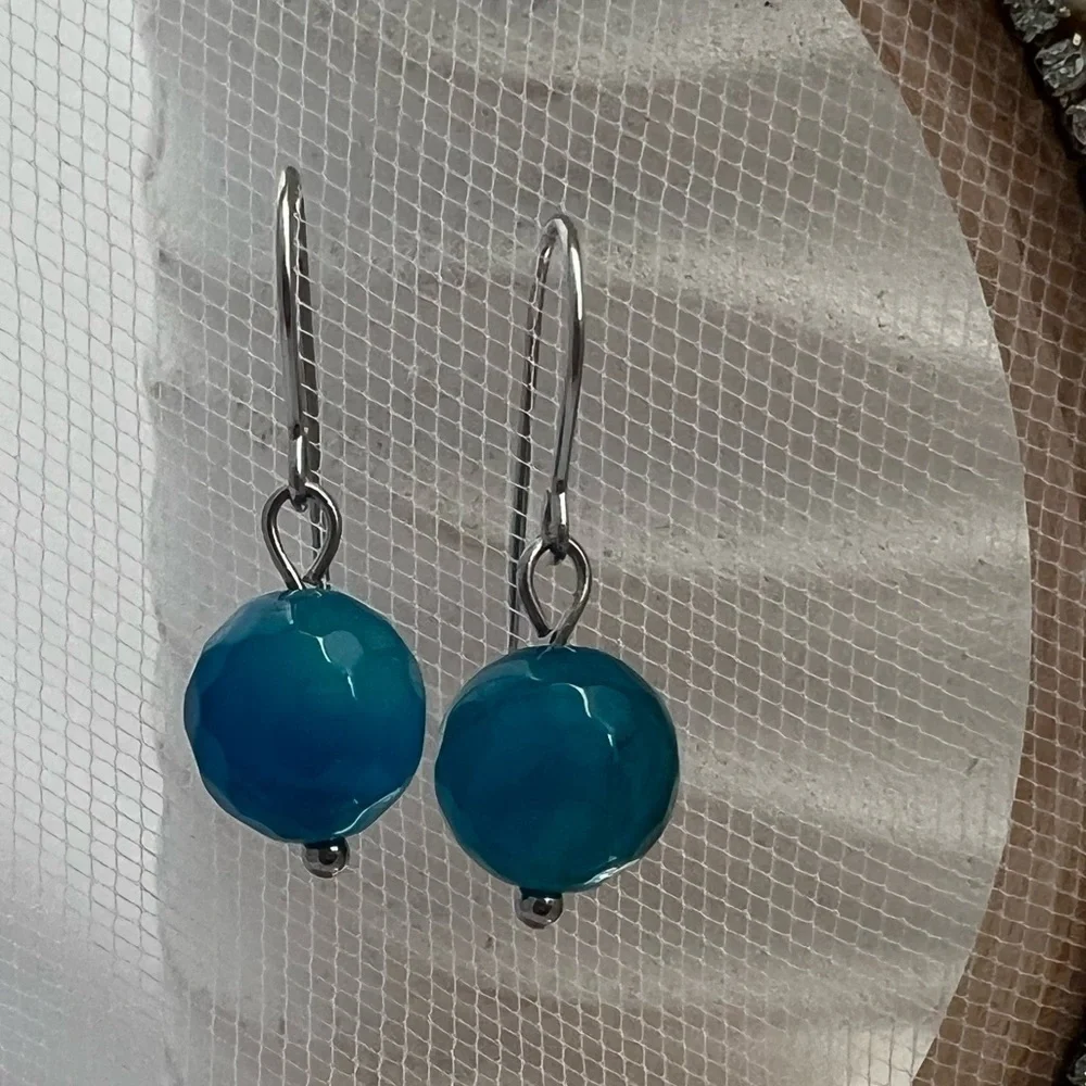 Blue Agate Stainless Steel Drop Earrings
